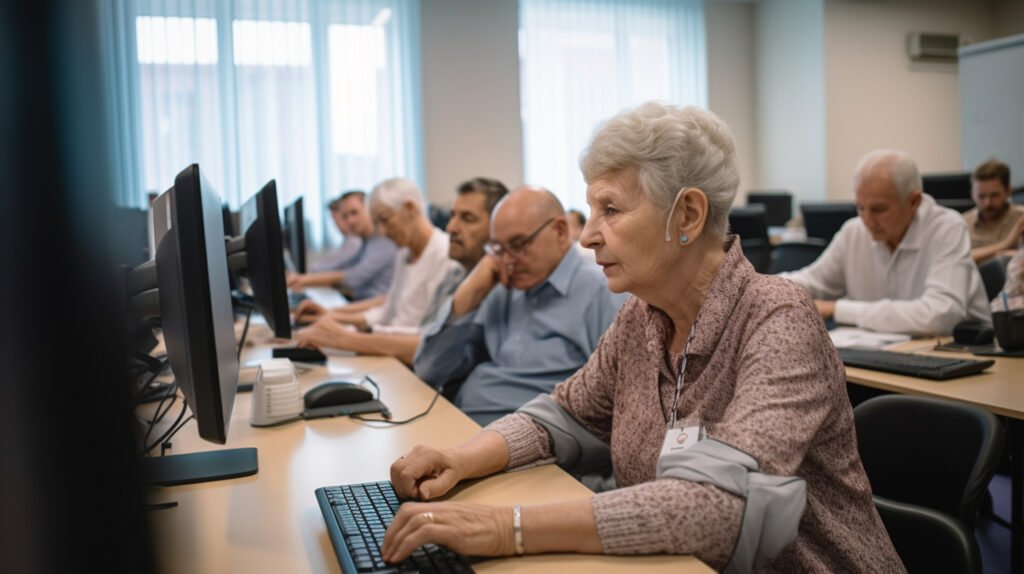 A group of older adults, learning and using computers.
